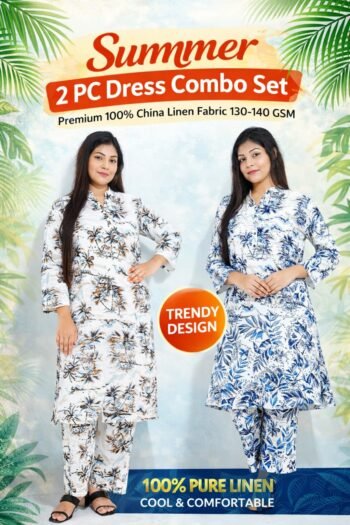 ২ পিছ ড্রেস কম্বো সেট Beige palm & Himmel blue Color